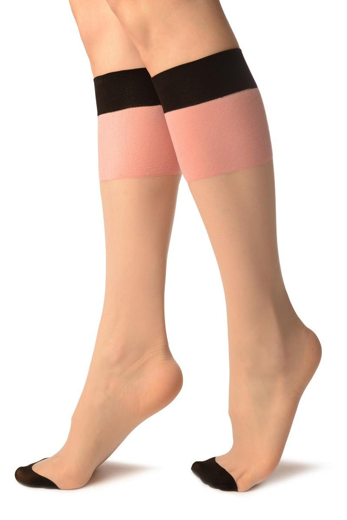 Liss Kiss Beige & Pink With Black Trim Socks Knee High - Socks