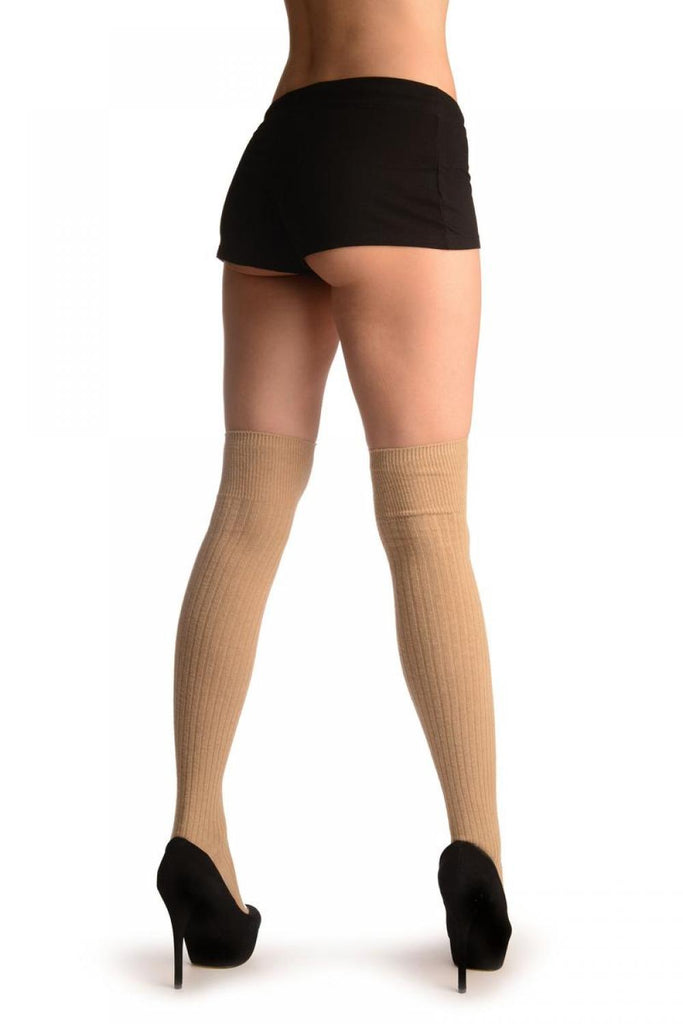 Liss Kiss Beige Pinstripes Merino Wool Blend - Over The Knee Socks
