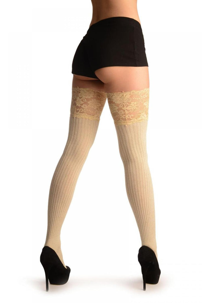 Liss Kiss Beige & Rainbow Pinstripe Melange With Wide Lace Trim - Over The Knee Socks
