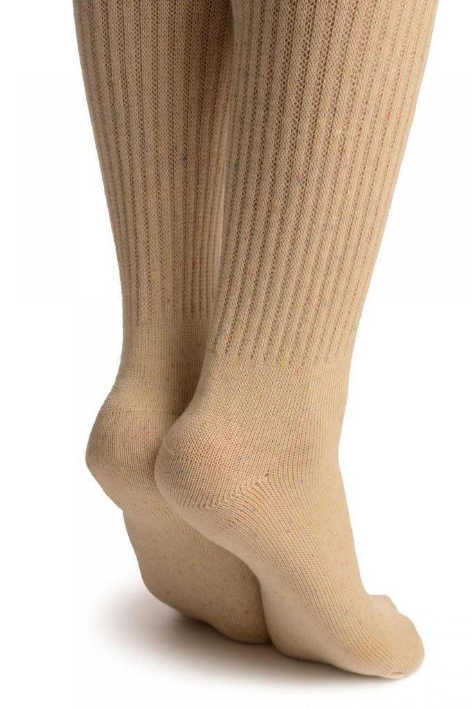Liss Kiss Beige & Rainbow Pinstripe Melange With Wide Lace Trim - Over The Knee Socks