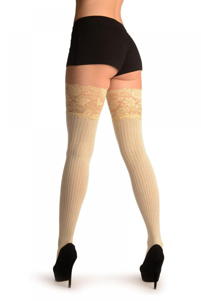 Liss Kiss Beige & Rainbow Pinstripe Melange With Wide Lace Trim - Over The Knee Socks