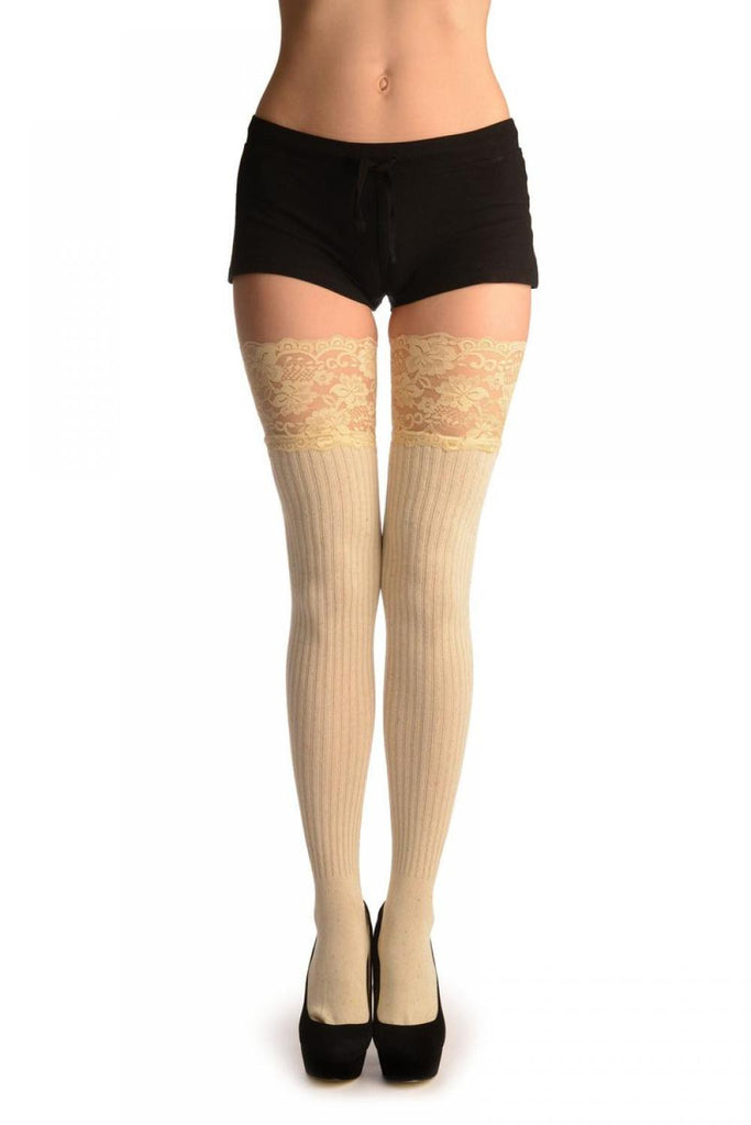 Liss Kiss Beige & Rainbow Pinstripe Melange With Wide Lace Trim - Over The Knee Socks