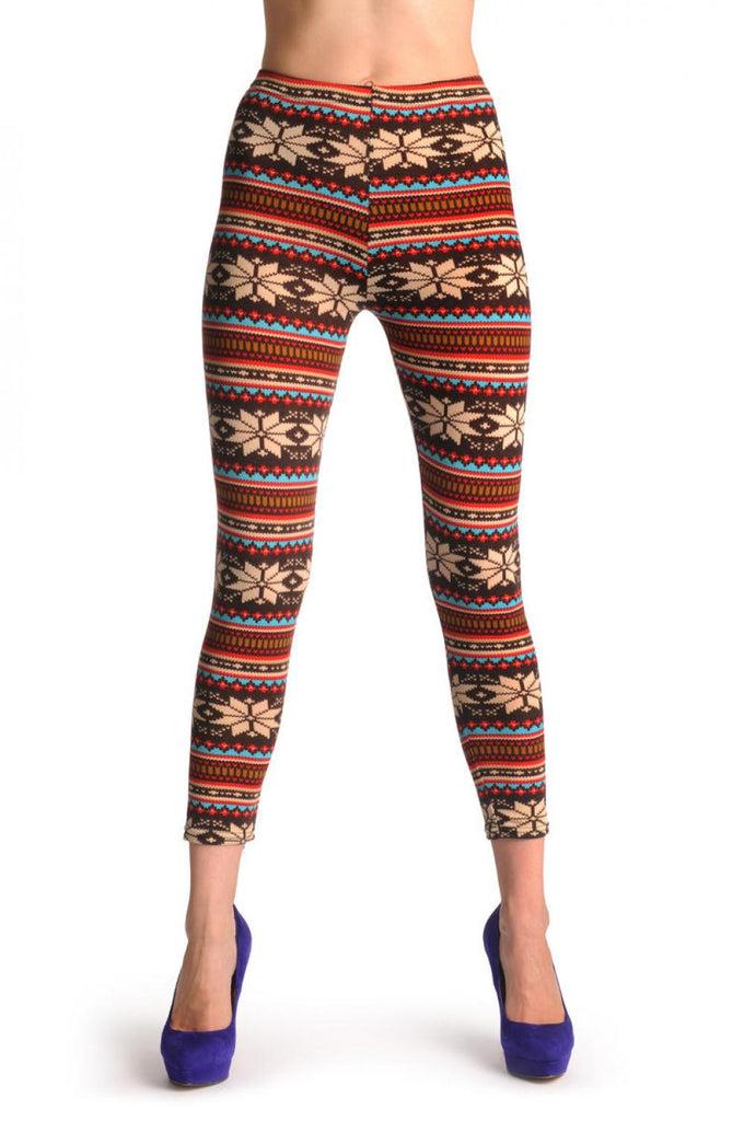 Liss Kiss Beige Red Blue & Brown Aztec Jacquard Knit - Leggings