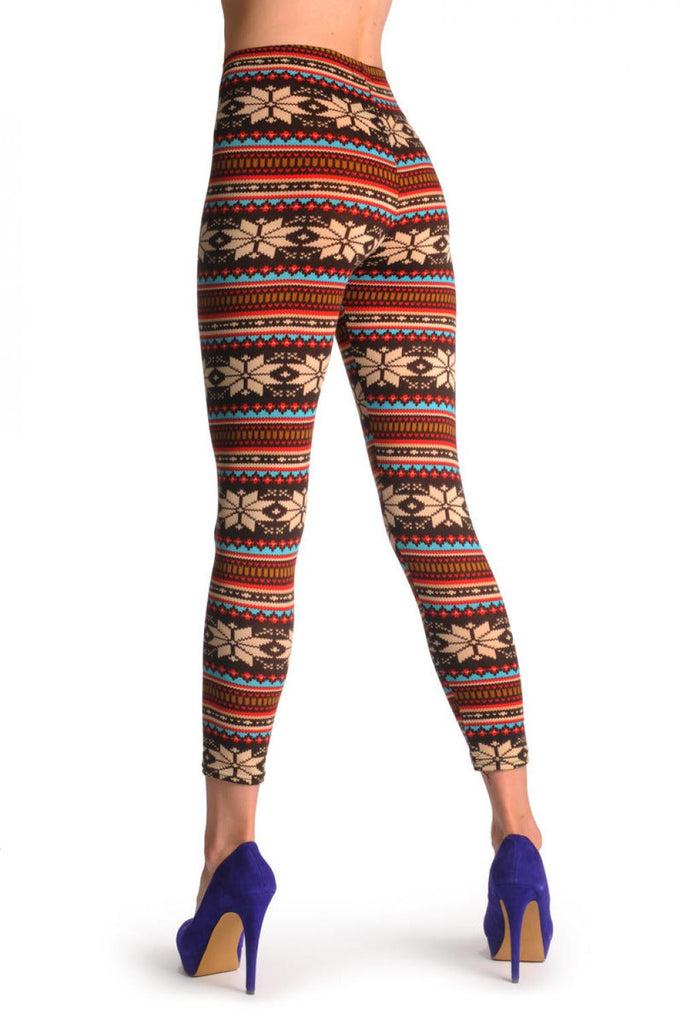 Liss Kiss Beige Red Blue & Brown Aztec Jacquard Knit - Leggings