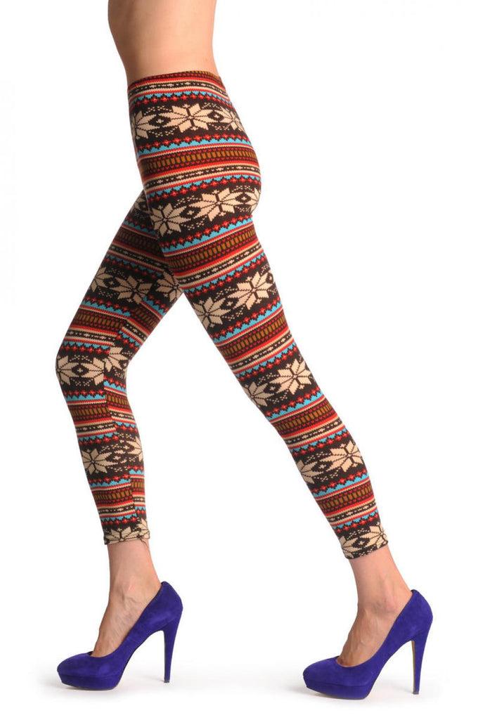 liss kiss Beige Red Blue & Brown Aztec Jacquard Knit - Leggings liss kiss Beige Red Blue & Brown Aztec Jacquard Knit - Leggings