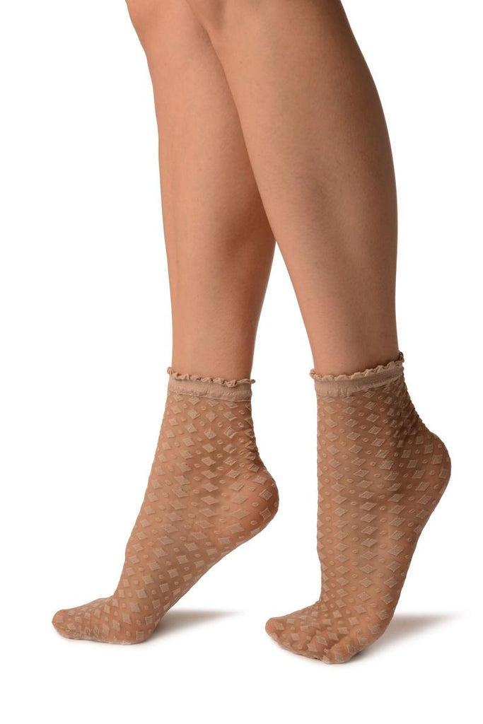 Liss Kiss Beige Rhomb & Dots Ankle High Socks With Comfort Top - Socks