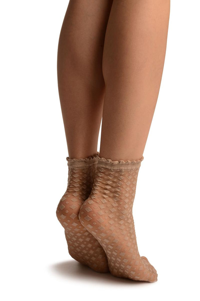 Liss Kiss Beige Rhomb & Dots Ankle High Socks With Comfort Top - Socks