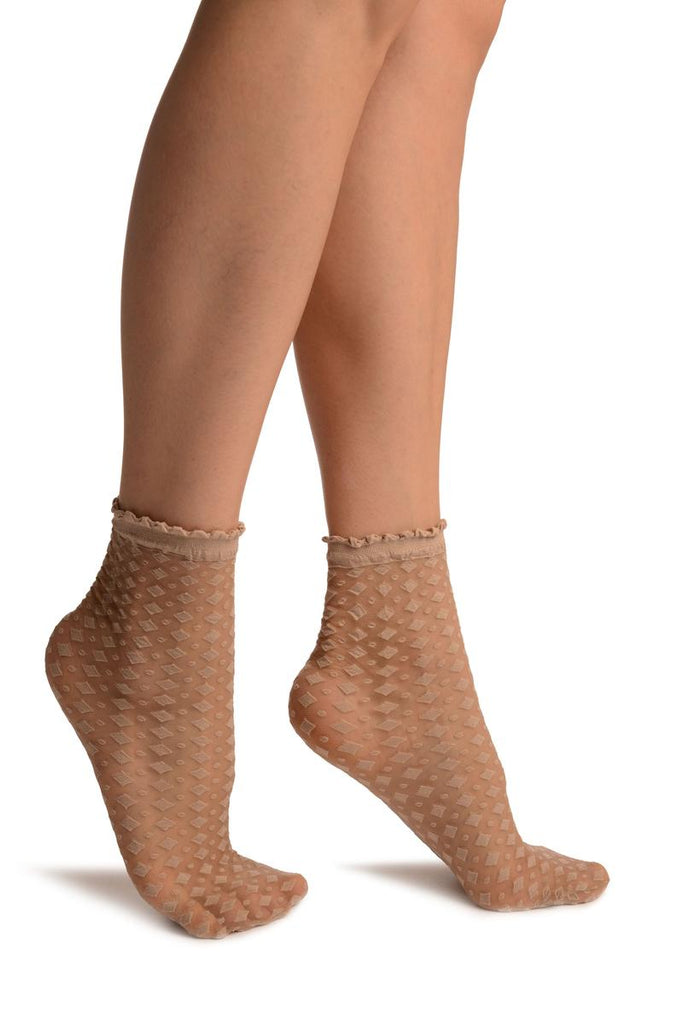 liss kiss Beige Rhomb & Dots Ankle High Socks With Comfort Top - Socks