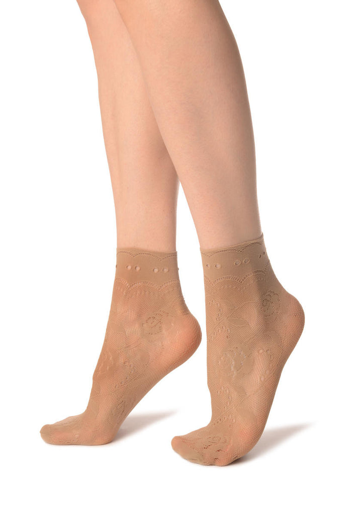 Liss Kiss Beige Roses Lace With Comfort Top Ankle High Socks - Socks