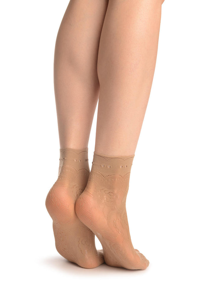 Liss Kiss Beige Roses Lace With Comfort Top Ankle High Socks - Socks