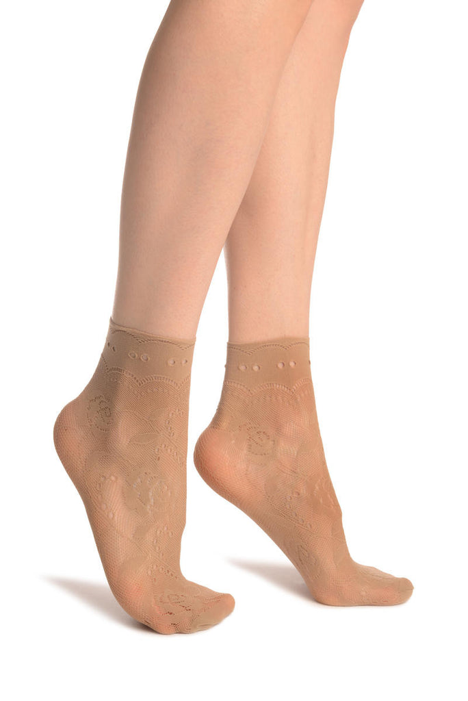 liss kiss Beige Roses Lace With Comfort Top Ankle High Socks - Socks
