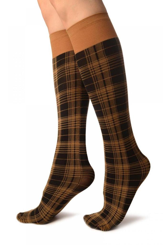 Liss Kiss Beige Scottish Tartan Socks Knee High - Socks