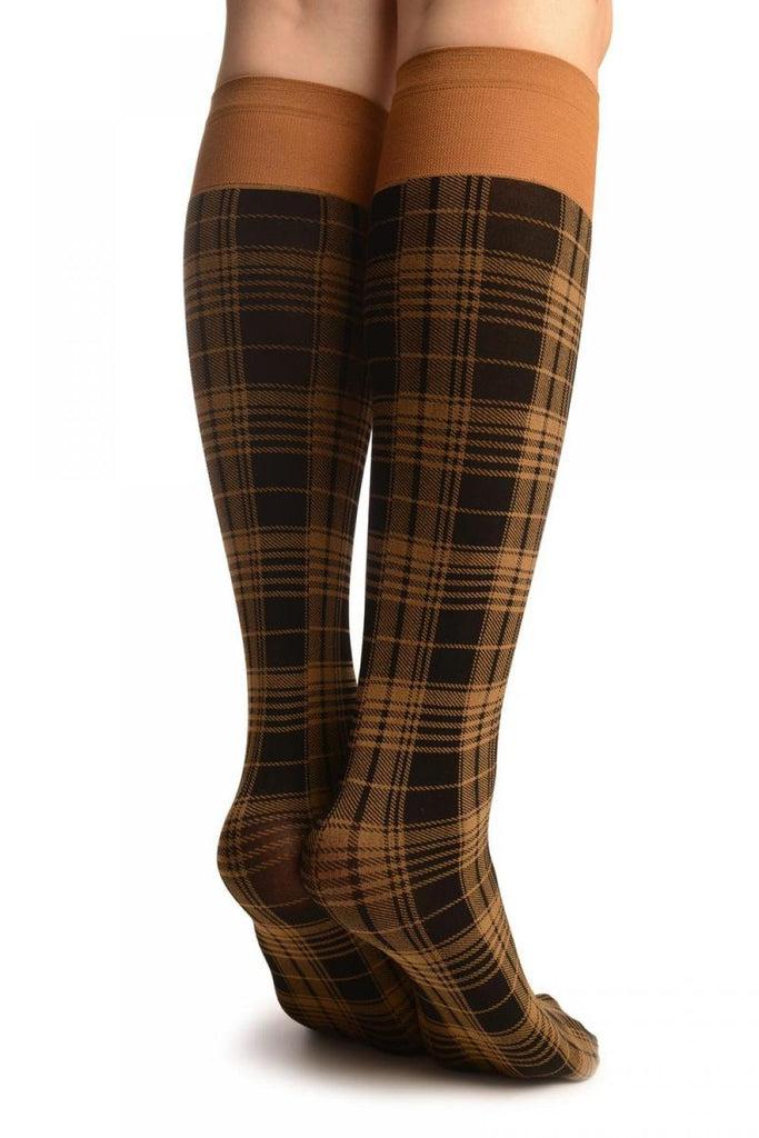 Liss Kiss Beige Scottish Tartan Socks Knee High - Socks