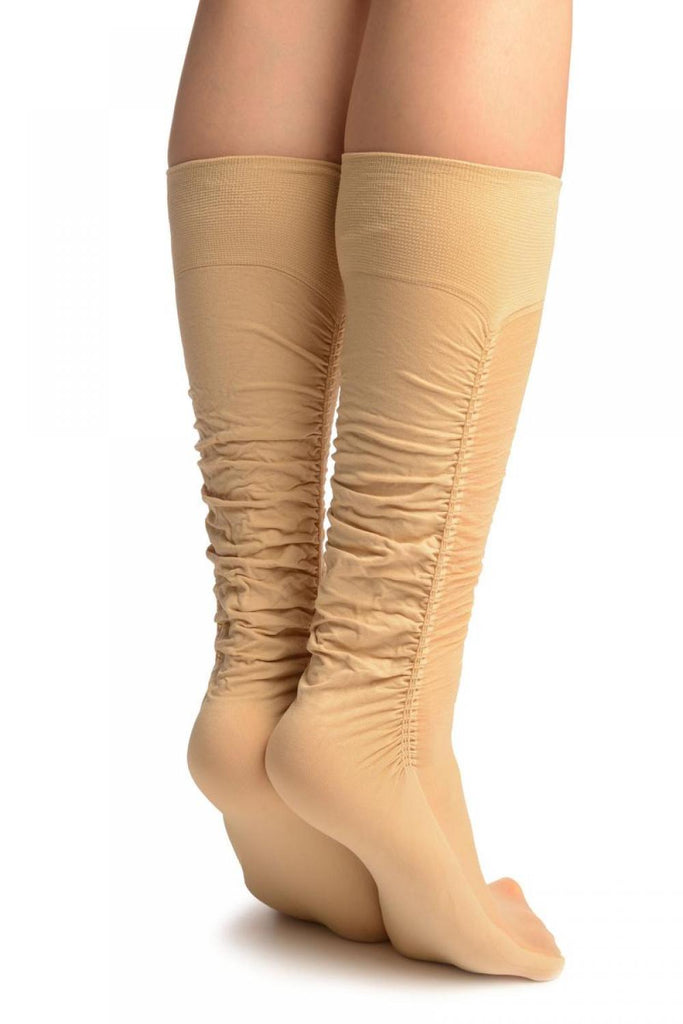 Liss Kiss Beige Sheer & Opaque Sides Socks Knee High - Socks