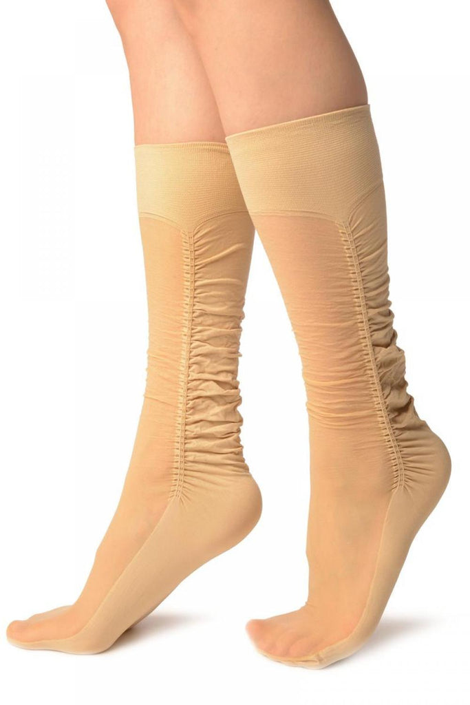 Liss Kiss Beige Sheer & Opaque Sides Socks Knee High - Socks