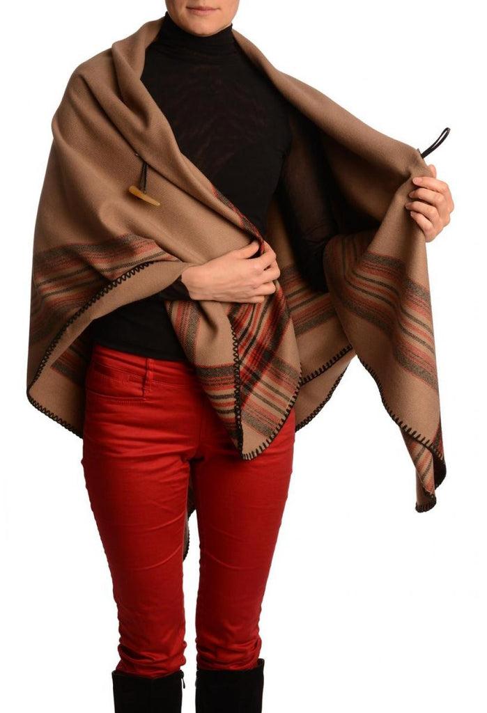 Liss Kiss Beige Square With Wide Stripe Fastening Blanket Wrap (Poncho) - Poncho