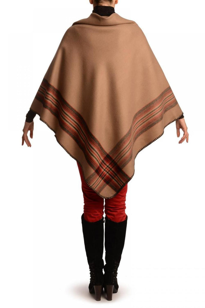 Liss Kiss Beige Square With Wide Stripe Fastening Blanket Wrap (Poncho) - Poncho