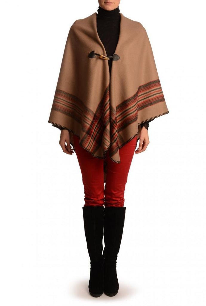 Liss Kiss Beige Square With Wide Stripe Fastening Blanket Wrap (Poncho) - Poncho