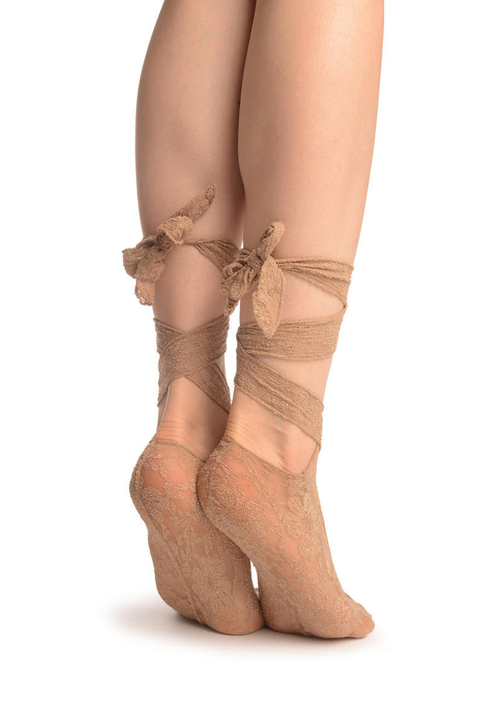 Liss Kiss Beige Stretch Lace Ballet Pointe Footies - Footsies Socks