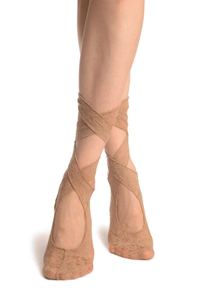 Liss Kiss Beige Stretch Lace Ballet Pointe Footies - Footsies Socks