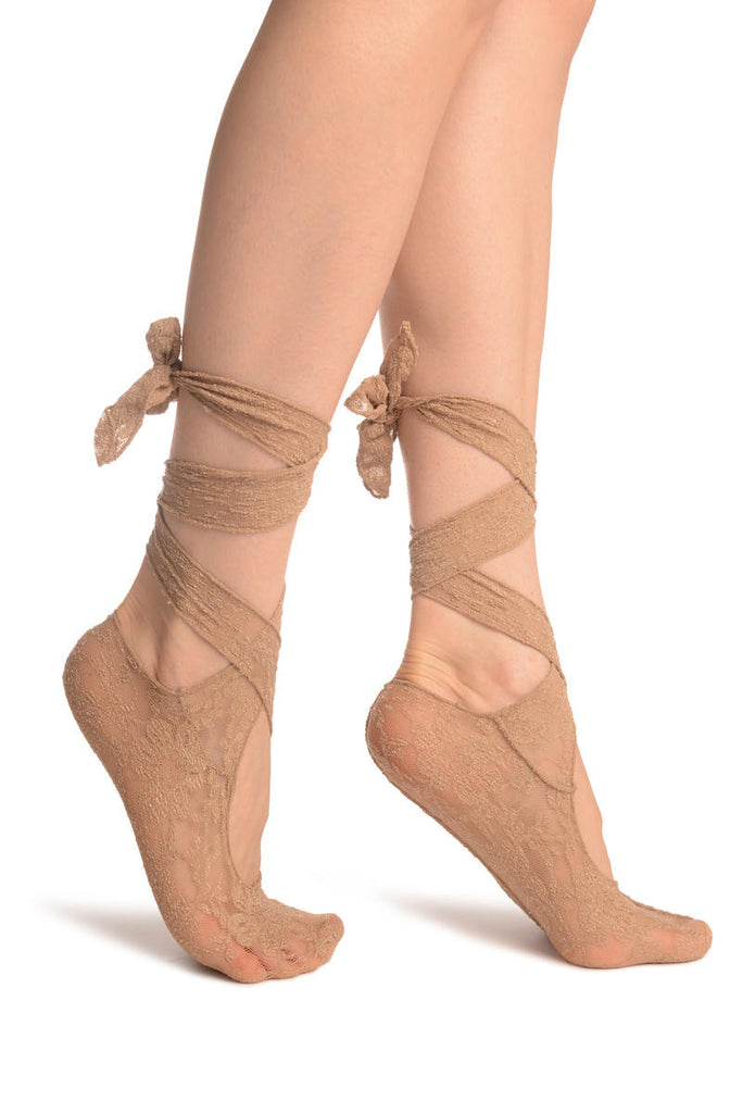 liss kiss Beige Stretch Lace Ballet Pointe Footies - Footsies Socks