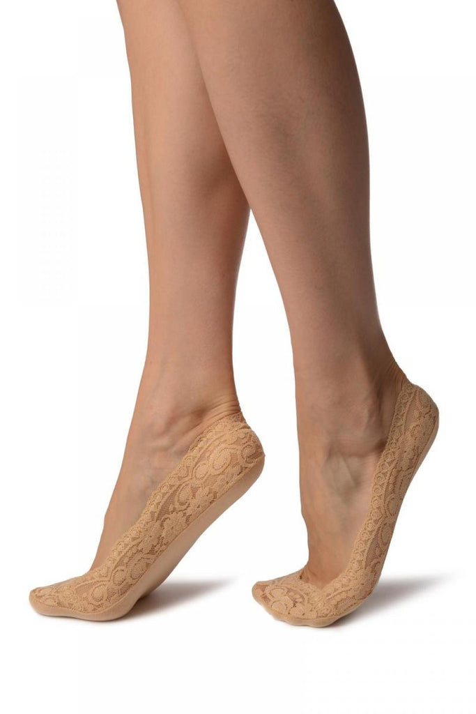 Liss Kiss Beige Stretchy Lace With Silicon Inner Stripe & Bottom Footies - Footsies Socks