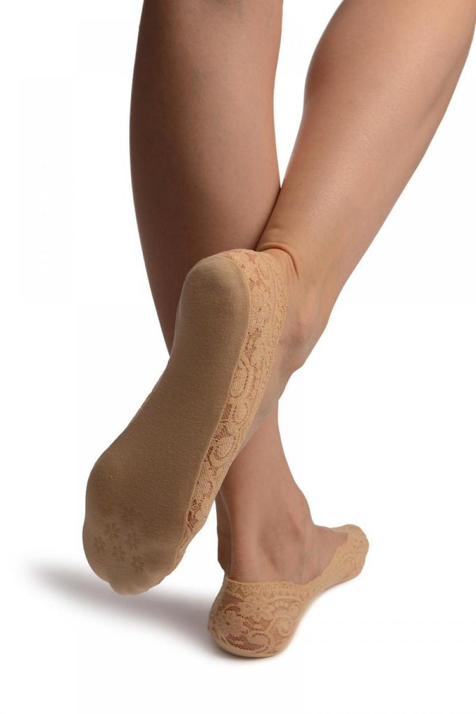 Liss Kiss Beige Stretchy Lace With Silicon Inner Stripe & Bottom Footies - Footsies Socks