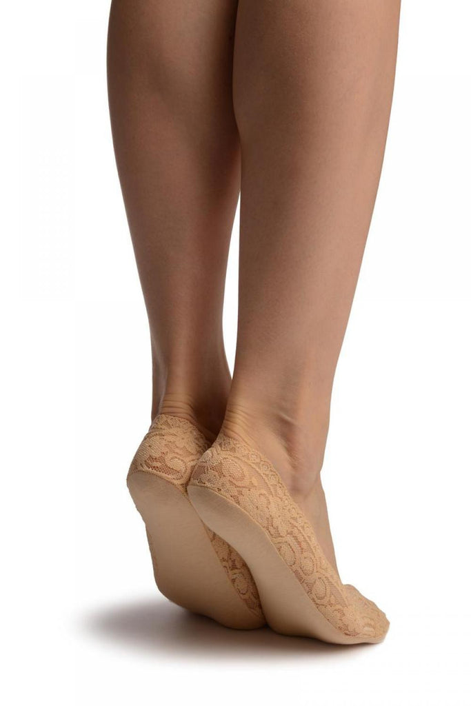Liss Kiss Beige Stretchy Lace With Silicon Inner Stripe & Bottom Footies - Footsies Socks