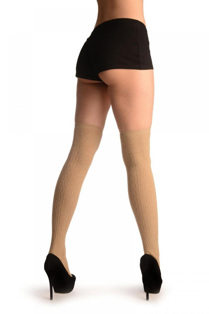Liss Kiss Beige Twist Cable Knit Merino Wool Blend - Over The Knee Socks