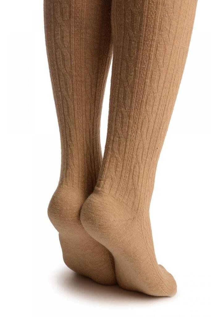 Liss Kiss Beige Twist Cable Knit Merino Wool Blend - Over The Knee Socks