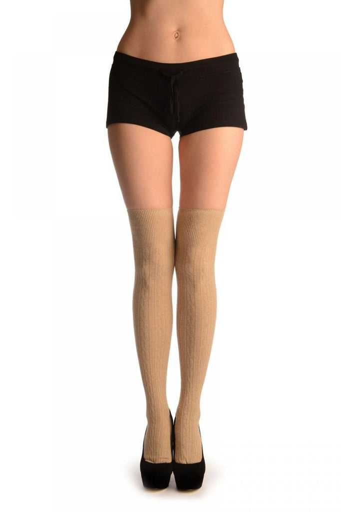Liss Kiss Beige Twist Cable Knit Merino Wool Blend - Over The Knee Socks