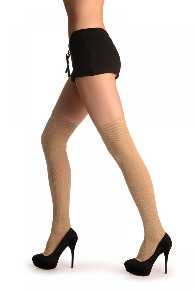 Liss Kiss Beige Twist Cable Knit Merino Wool Blend - Over The Knee Socks