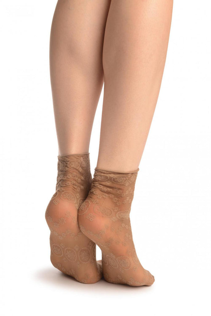 Liss Kiss Beige Water Lilly With Comfortable Top Ankle High Socks - Socks