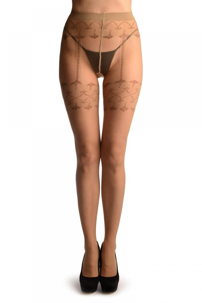 Liss Kiss Beige With Barocco Lace Faux Suspender Belt - Tights