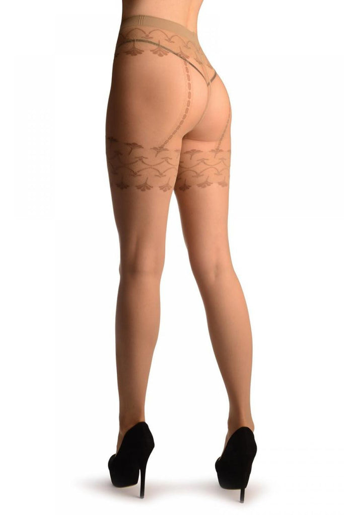 Liss Kiss Beige With Barocco Lace Faux Suspender Belt - Tights