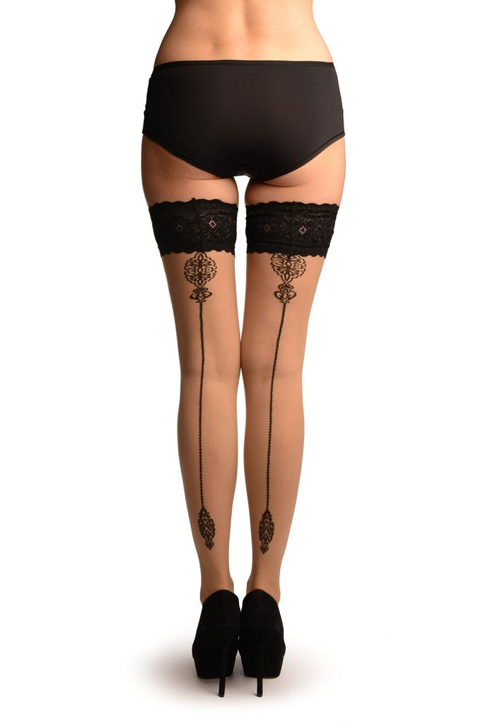 Liss Kiss Beige With Black Barocco Seam And Silicon Garter - Hold Ups