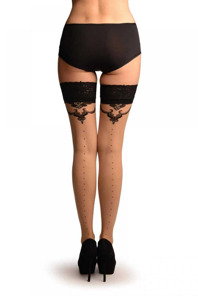 Liss Kiss Beige With Black Dotted Seam And Barocco Top With Silicon Garter - Hold Ups