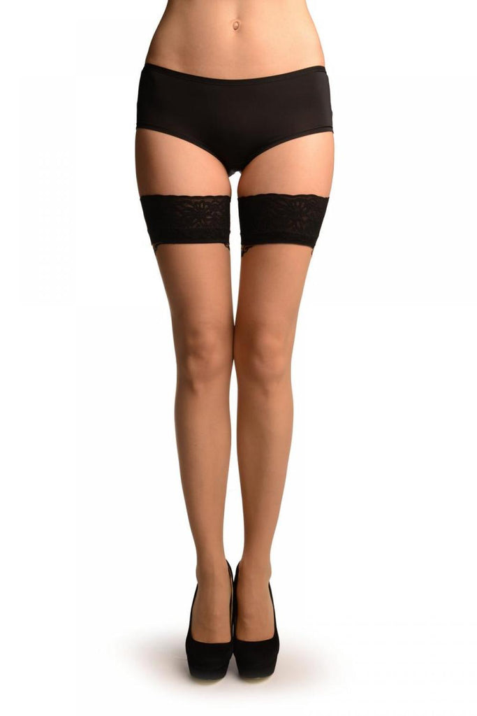 Liss Kiss Beige With Black Dotted Seam And Barocco Top With Silicon Garter - Hold Ups