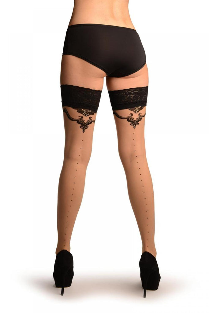 liss kiss Beige With Black Dotted Seam And Barocco Top With Silicon Garter - Hold Ups