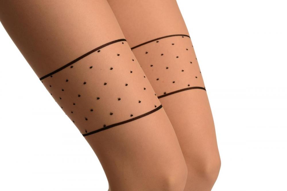 Liss Kiss Beige With Black Seam Polka Dot And Leaves Panty Tights - Tights
