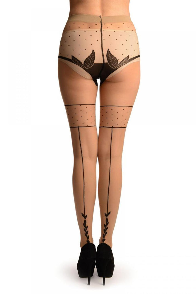 Liss Kiss Beige With Black Seam Polka Dot And Leaves Panty Tights - Tights