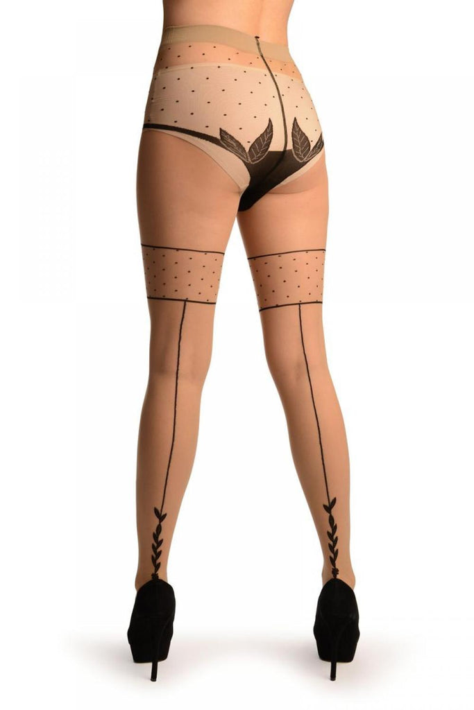 Liss Kiss Beige With Black Seam Polka Dot And Leaves Panty Tights - Tights