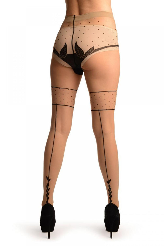 liss kiss Beige With Black Seam Polka Dot and Leaves Panty Tights - Tights