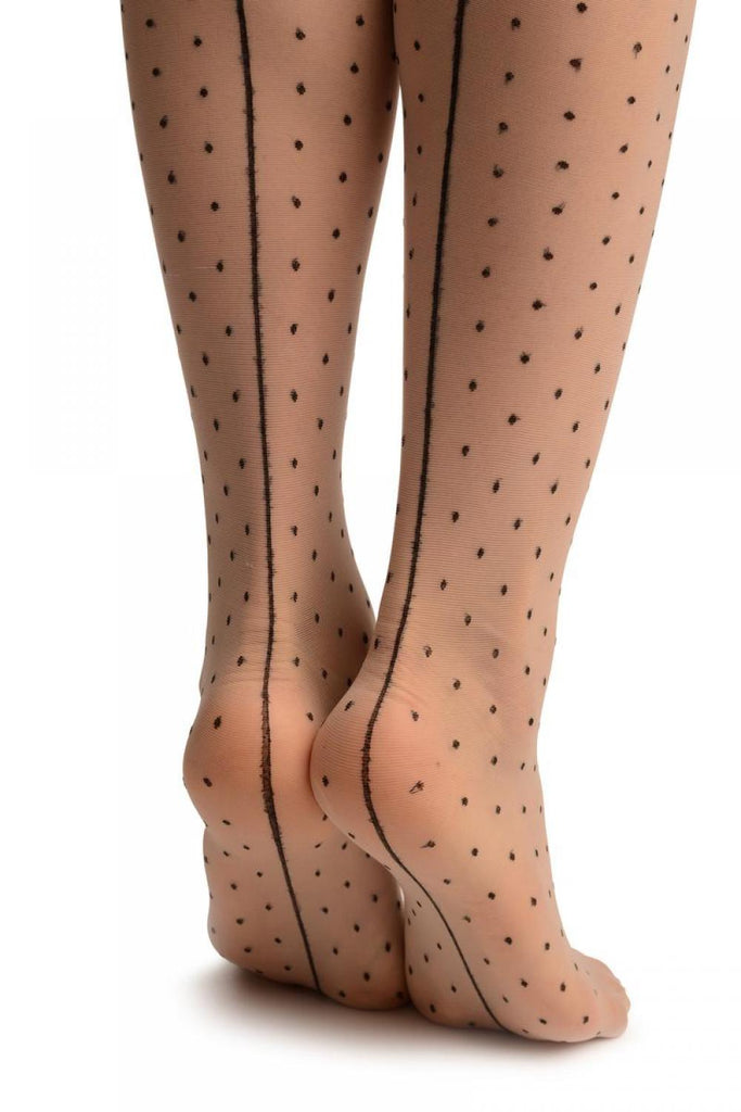 Liss Kiss Beige With Black Seam Polka Dots & Bow Stockings - Stockings