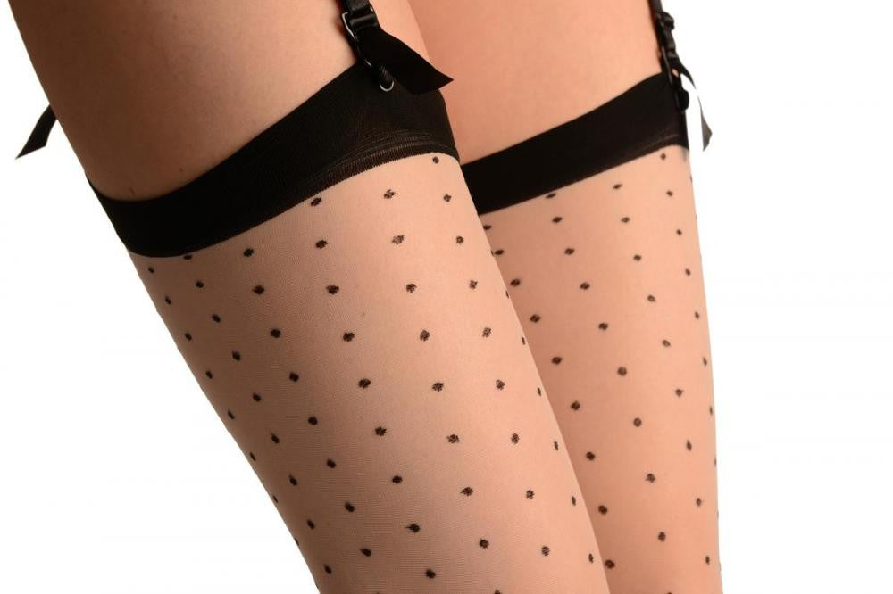 Liss Kiss Beige With Black Seam Polka Dots & Bow Stockings - Stockings