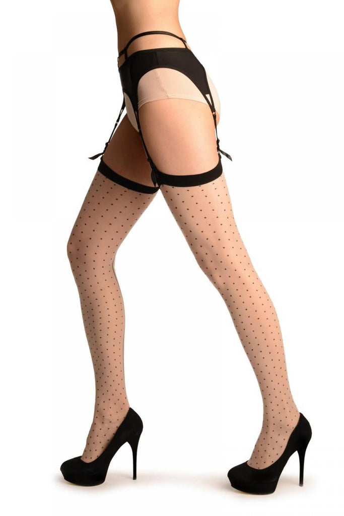 Liss Kiss Beige With Black Seam Polka Dots & Bow Stockings - Stockings
