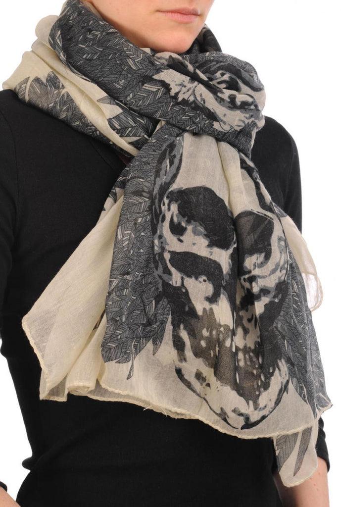 Liss Kiss Beige With Black Skull & Raven Wings Unisex Scarf & Beach Sarong - Scarf