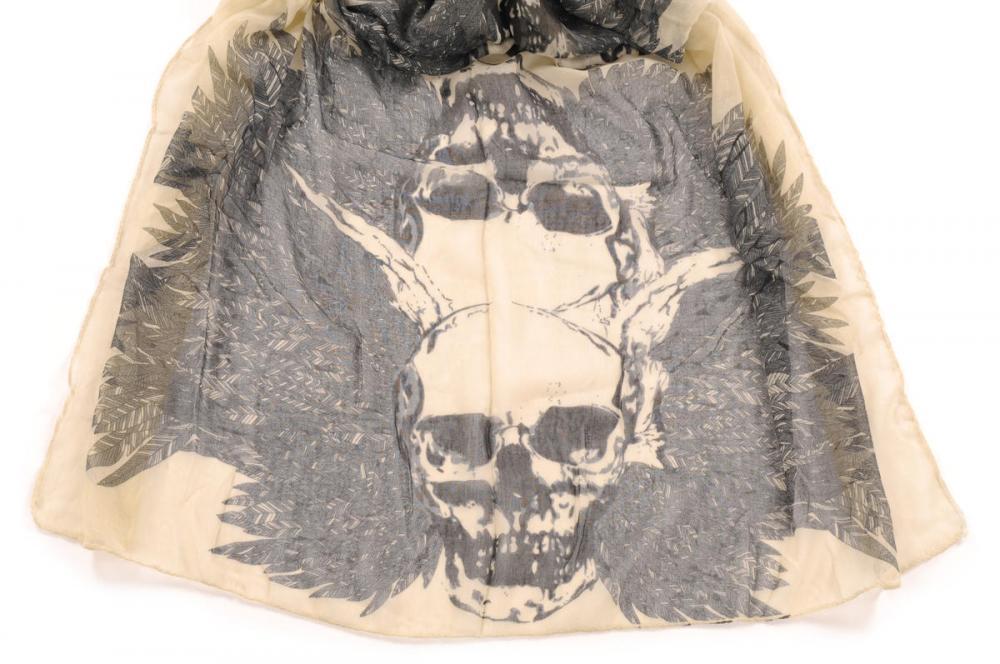 Liss Kiss Beige With Black Skull & Raven Wings Unisex Scarf & Beach Sarong - Scarf