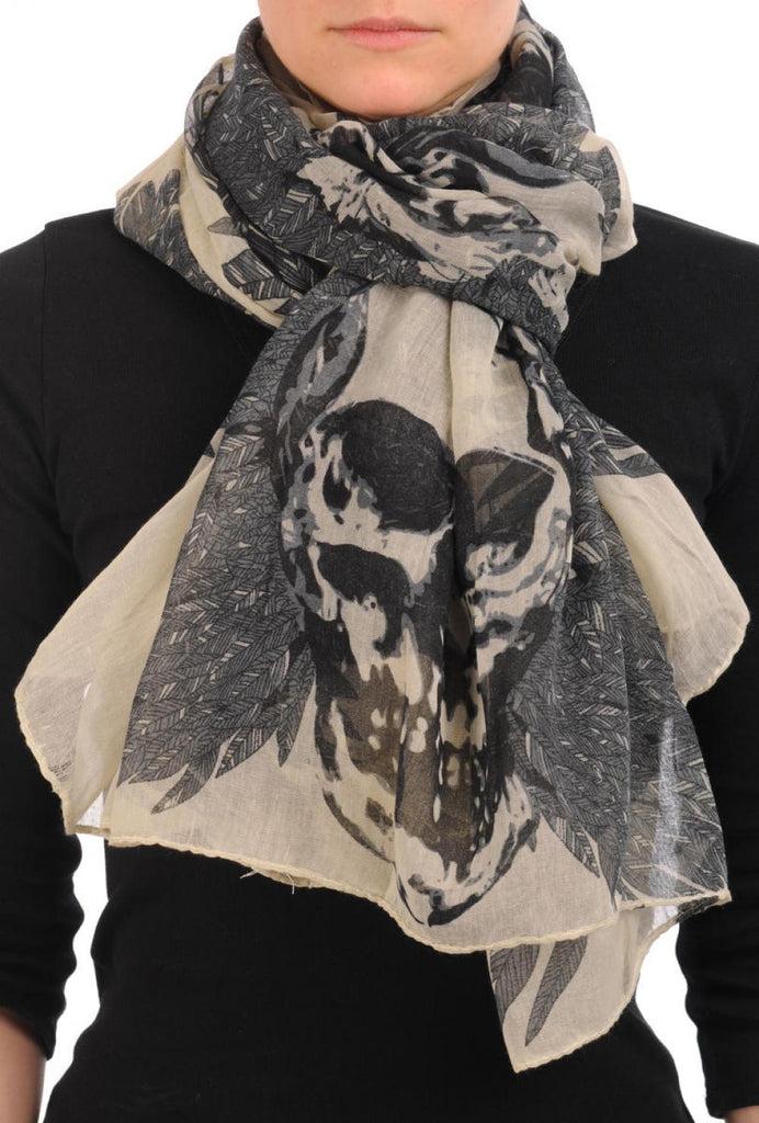 liss kiss Beige With Black Skull & Raven Wings Unisex Scarf & Beach Sarong - Scarf