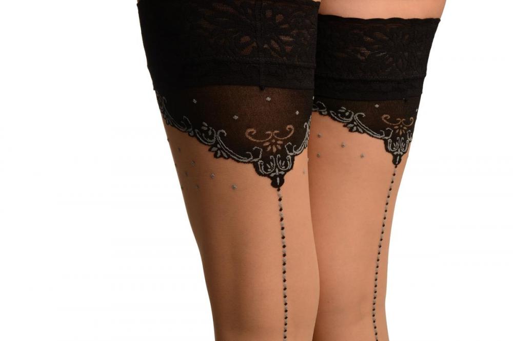 Liss Kiss Beige With Blue & Black Dotted Seam And Top With Silicon Garter - Hold Ups